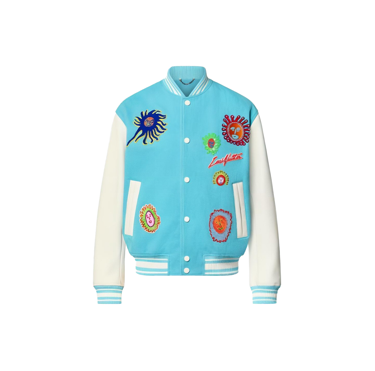 LV X YK EMBROIDERED FACES VARSITY JACKET BLUE