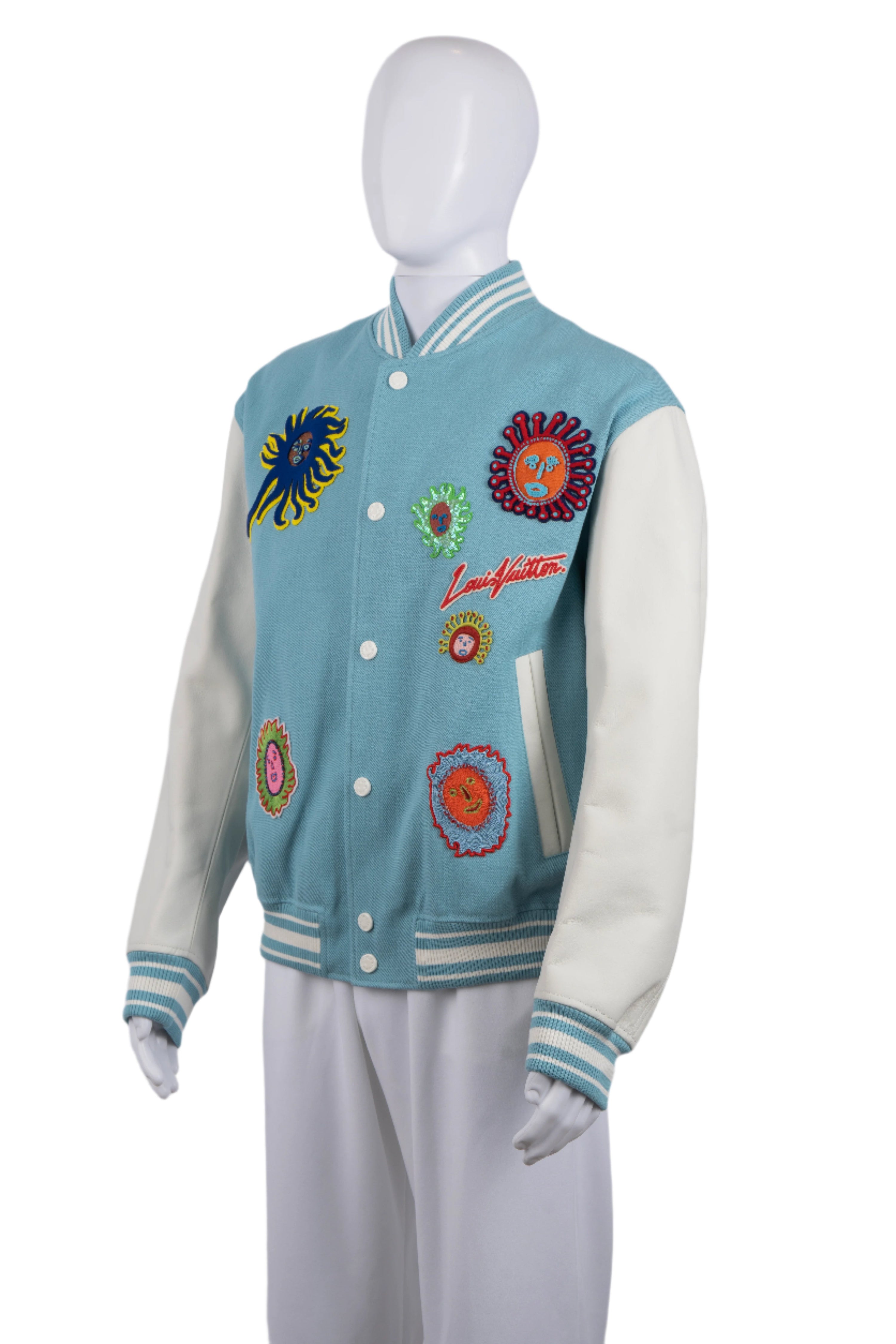 LV X YK EMBROIDERED FACES VARSITY JACKET BLUE