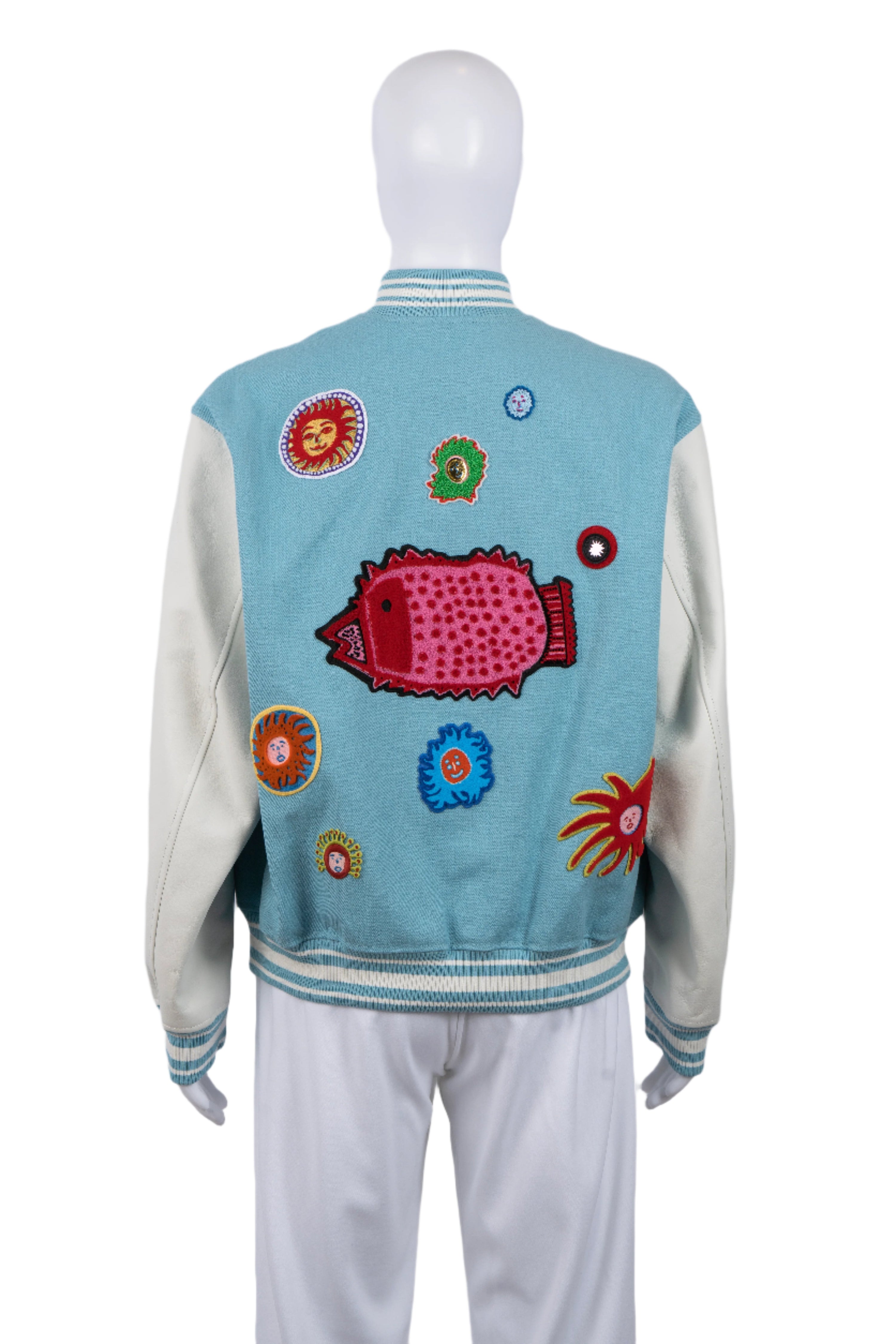 LV X YK EMBROIDERED FACES VARSITY JACKET BLUE